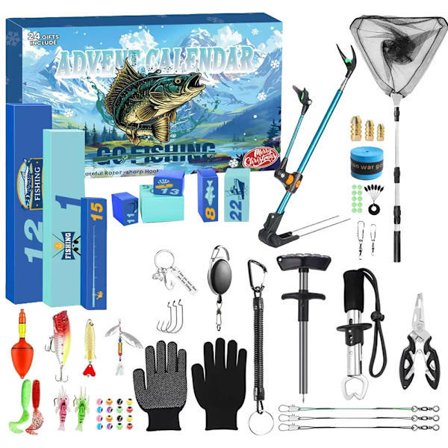 Fiske Julekalender til Mænd 2025, 24-Dages Fiskeudstyr og Agnsæt til Voksne og Teenagere, Fiskenet, Krogfjerner