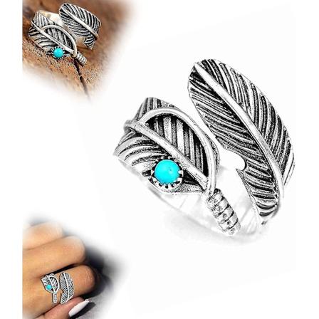 Fjær Turkis Justerbar Ring, Sølv Bred Naturblad Ring, Tommelring For Kvinner Menn, Vintage Rustfritt Stål Fjær Wrap Ring, Mansjettring Fo