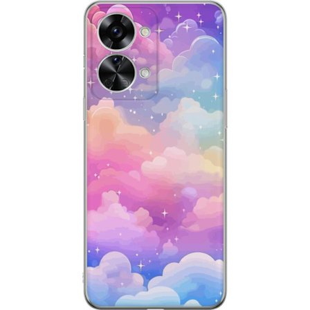 Kompatibelt Mobildeksel til OnePlus Nord 2T Søt enhjørning med regnbuefarget hår mot en stjernebelagt pastellbakgrunn i kawaii-stil