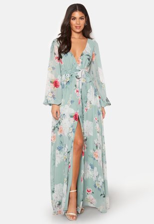 Goddiva - Floral Long Sleeve Chiffon Maxi Dress - Green - Kläder - - Bubbleroom