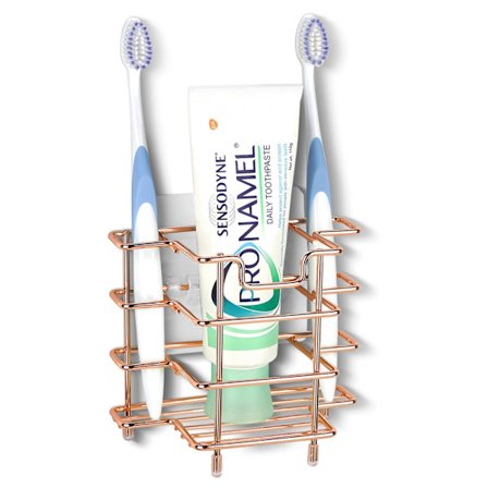 Brusebad vægmonteret/bordplade tandbørsteholder, tandpastaholder i rustfrit stål, 3-rums opbevaringsboks, kompatibel, (rosaguld)