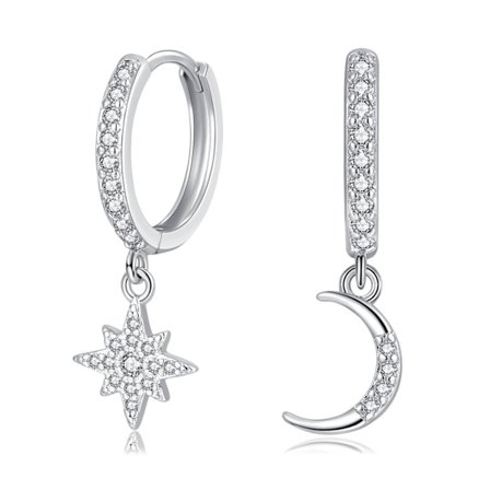Silver Drop Hoop Örhängen för Kvinnor, 925 Silver Moon Star Dangle Hoop Örhängen, CZ Drop Huggie Brosk Små Silver Sleeper Örhängen