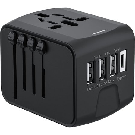 Universal rejseadapter med 3 USB- og 1 Type-C-port, alt-i-én international strømstikadapter til 150+ lande