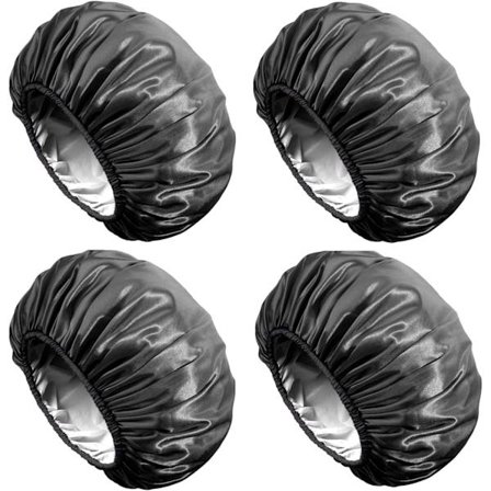 Dusjhette, ekstra stor dusjhette for menn, sateng EVA dobbelt lag vanntett gjenbrukbar hårhette for kvinner med langt hår (helt svart 4-pakning)