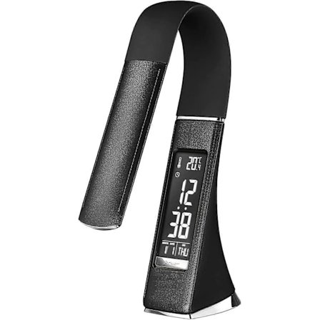 U2 5W LED Bordlampe, Skrivebordslampe med Dimbar Skjerm, Vekkerklokke, Kalender, Temperaturvisning og Svanenhals, Svart