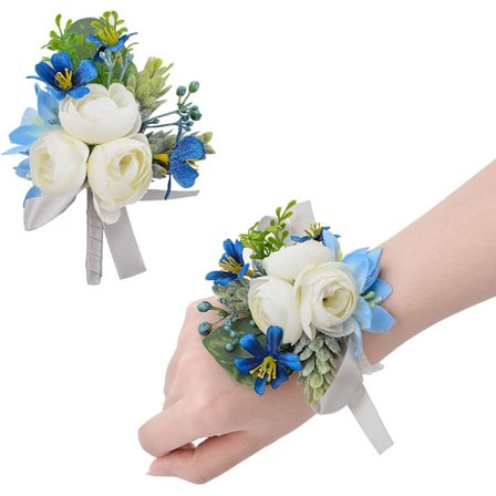 2 stk. håndledsblomster, kunstig bryllupshåndledsblomst og boutonniere sæt brud håndblomst mænd boutonniere til bryllup, hvid og blå