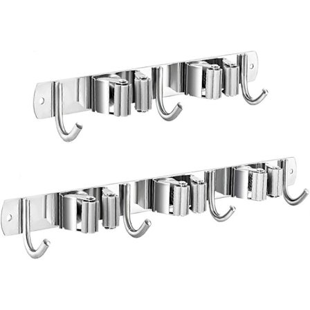 2 stk. kost- og moppholder, veggmontert, kostholder, kosthenger i rustfritt stål, kraftige kostkroker for vaskerom, bad 3 R WPD