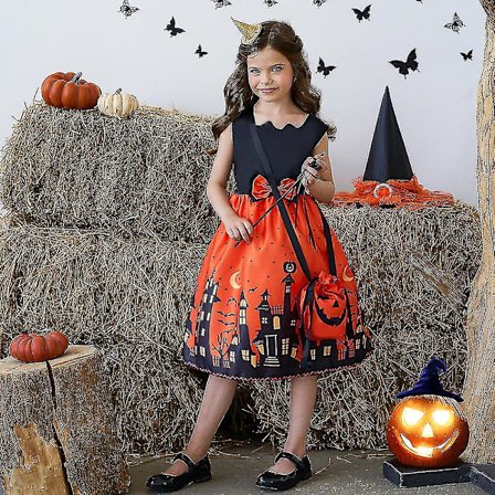 Kostymset för flickor, barn, vintage gotisk ärmlös båge skaterklänning med väska, bal, elegant