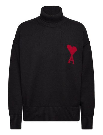 AMI Funnel Neck Sweater With Contrasted Ami De Coeur - Black - XL