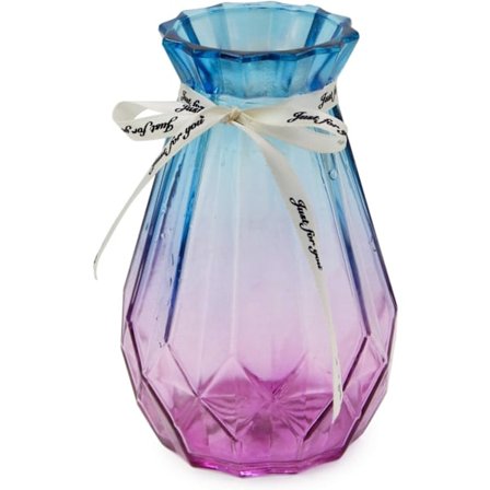 Lasimaljakko, liukuvärjätty monivärinen maljakko, geometrinen, viistehiottu, värikäs lasimaljakko (sininen violetti)