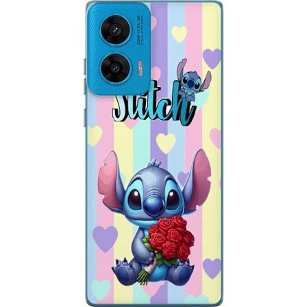 Kompatibelt Mobildeksel til Motorola G96 Romantisk illustrasjon av Stitch som holder røde roser mot stripet bakgrunn