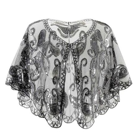 Dam Sjal Evening Prom Cape SVART&SILVER