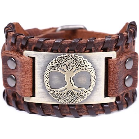 Vintage Nordic Amulet Tree of Life Viking Yggdrasil Brunt läderarmband med keltisk metallknut för män