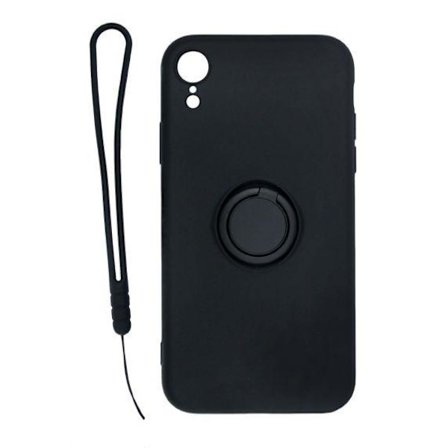 iPhone XR Soft Liquid Silicone Case With Magnetic Ring Holder Stand and Slim Hands Strap Best Quality Black