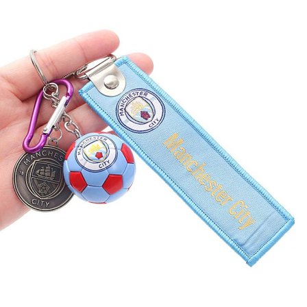 Fotbollslag logotyp väska berlock nyckelring Manchester City boll + märke + rep set