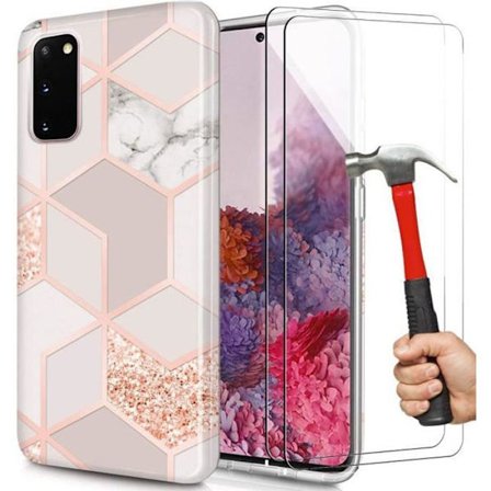 Fodral + 2 härdade glasögon för Samsung Galaxy S20 FE, Slim flexibelt rosa marmormönster Stötsäkert
