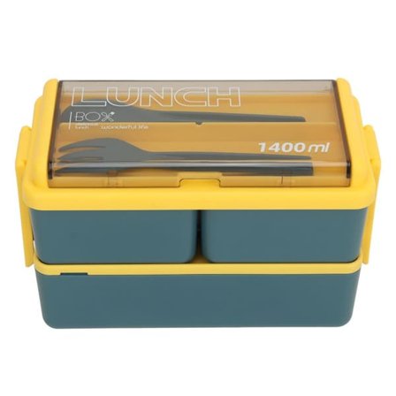 Termisk madkasse med dobbelt lag, 3 beholdere, bærbar, isoleret Bento-boks med ske og gaffel til kontorstuderende