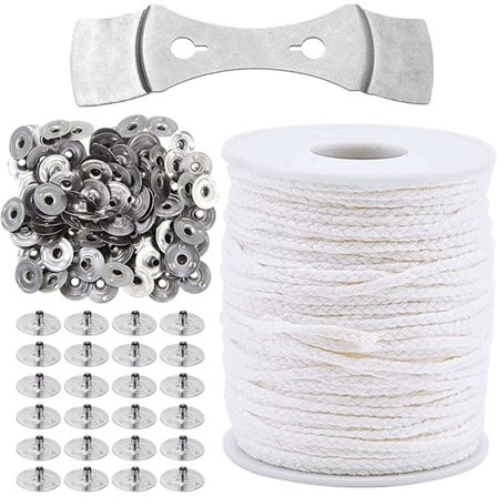 61M Lysveke for stearinlys, bomullslysveke, naturlig flettet lysveke med 1 metallholder og 100 jernblader, røykfri, for lysproduksjon