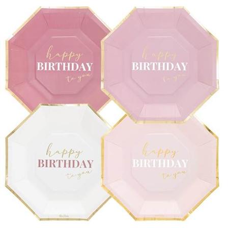 Papperstallrik "Happy Birthday" Rosa / Vit 4st olika motiv 24cm 8-pack Rosa