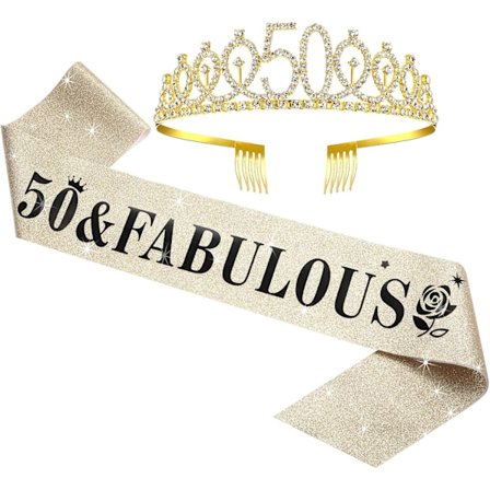 WILLBOND 50-års Bursdag Sash og Tiara Sett for 50-års Bursdag, 50 & Fabulous Sash og Krone Festdekorasjoner (Gull)