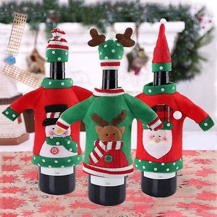 Juldekoration för flaskor, 3-pack juldekoration för vinflaskor, tomte, ren och snögubbe med hatt för julfestdekoration