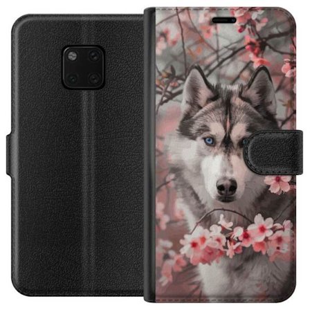 Kompatibelt Plånboksfodral till Huawei Huawei Mate 20 Pro Husky med blå ögon omgiven av rosa körsbärsblommor - elegant, vackert och naturinspirer