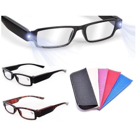 Læsebriller med LED-lys i etui.
