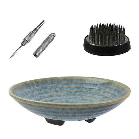 Ikebana-vaasisetti, keraaminen Ikebana-kulho ja metallinen kukka-kenzan, neulan suoristustyökalulla, sininen