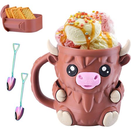 Highland Cow Is Holder til Børn Lækagesikker med 2 Skeer og Håndtag Sødt Dyredesign Drypsikker Lolly Holder