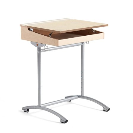 Højdejusterbart skolebord ACCESS, 650x550 mm, sølv, beige lydabsorberende linoleum