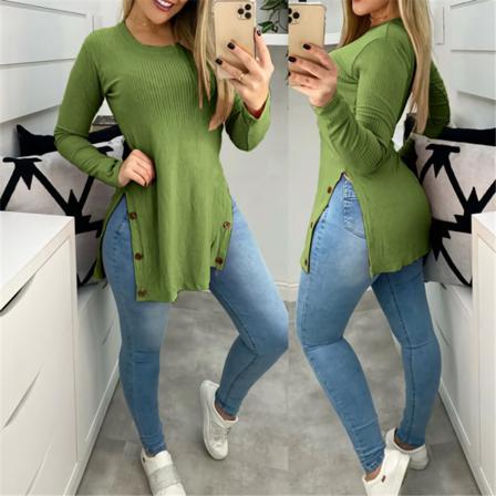 Elegant Långärmad Skjorta Dam Sexig Sida Slit Button Toppar Pullo