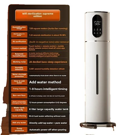 Luftfuktare, 8L vattentank, fjärrkontroll, negativ jonrening,Wifi-version