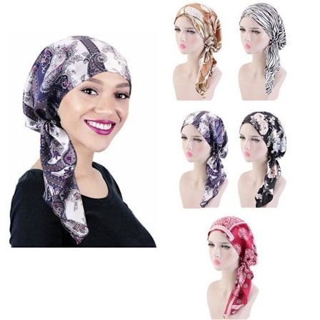 (5 farver) Kemoterapi Hat - INSFITY - Trykt Satin Turban - 5 farver - Strækbar - 5 stk.