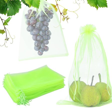 50 stk fruktbeskyttelsesnettposer grønn, 20x30cm hageplantebeskyttelsesnettposer med snøring, klare insekter