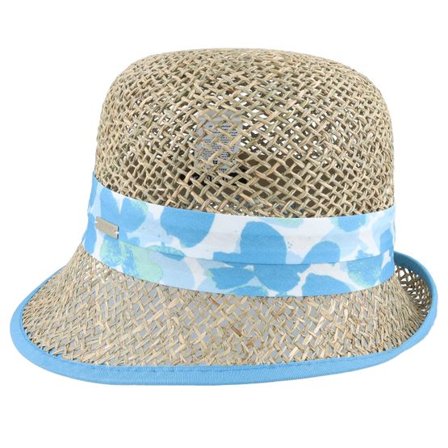 Seeberger - Beige historical Hatt - Seagras Leaf Print Natural/Light Blue Cloche @ Hatstore