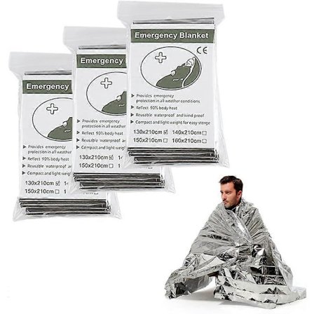 Nødtermotæpper, Reflekterende termiske førstehjælpsfolietæpper til overlevelse (sølv, 3 stk.)