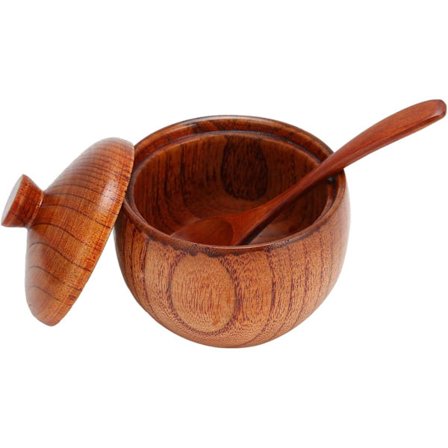Saltbeholder i tre, krydderbeholder i tre, saltbeholder med lokk og skje for sukker, salt, pepper og krydder