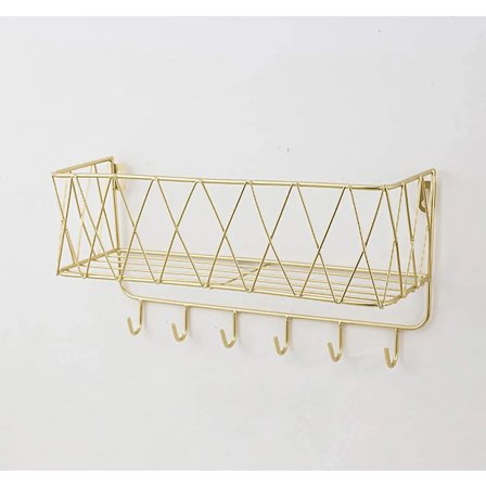 Väggmonterad flytande hylla med metallnät, väggmonterad hylla med krokar, handdukshållare, väggmonterad klädhängare flytande heminredning