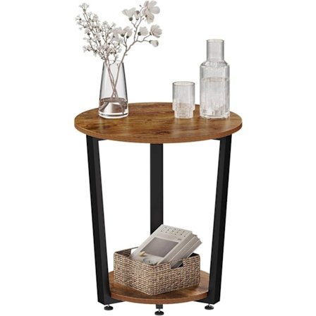 Rootz Runt Sidobord - Soffbord - Litet vardagsrumsbord - Vintage Design - 50cm x 53cm - Trämaterial - Metallram