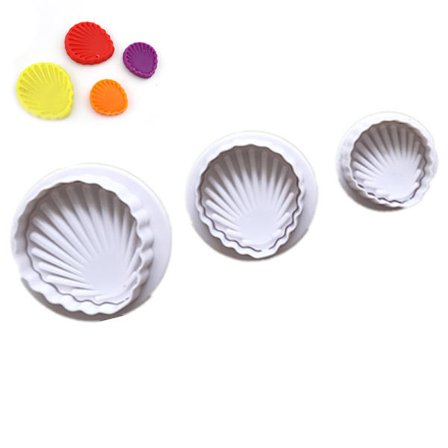 Sett med 3 plastikk kakestempler for barn, skjell design