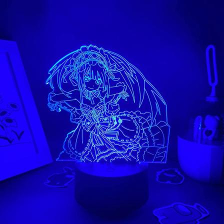 WJ Anime Date A Live Figur Tokisaki Kurumi 3D Hologramlampa USB Nattlampa LED Illusionslampa Fjärrkontroll+Touch Skrivbordslampa Julgåva (Svart Bas) 