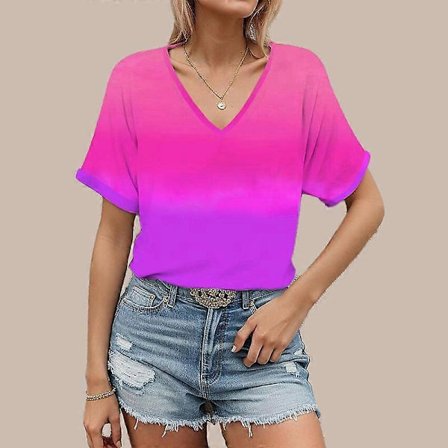 Dame V-hals Kortærmet Solnedgangsprintet Top Løs T-shirt Casual Skjorte