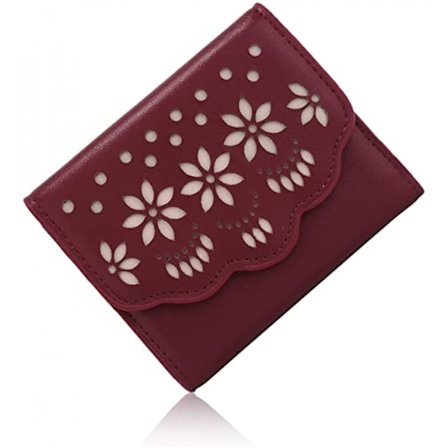 Plånbok för kvinnor ihålig blommig vegansk läder korthållare arrangör liten trefaldig flickor blomma plånbok vinröd