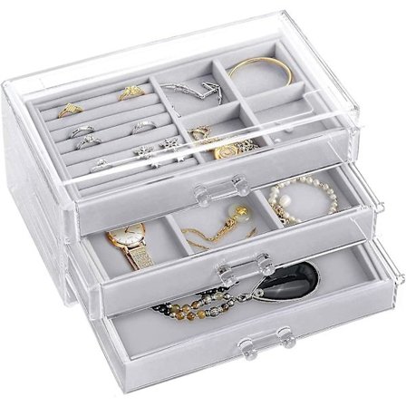 Klar smyckeskrin i akryl med sammet, smyckesorganisatör för kvinnor med 3 lådor, ringar, örhängen