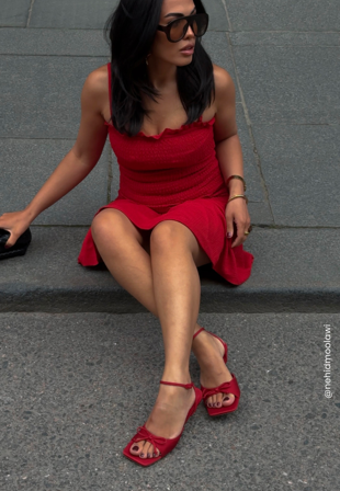Bubbleroom - Bow Low heel Strap Sandal - Red - Kläder