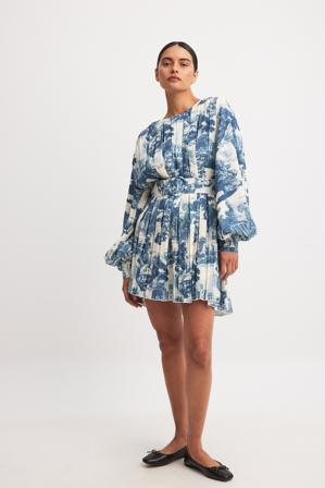 Chloe Rose x NA-KD Pleated Woven Balloon Sleeve Mini Dress - Robes avec ceinture - Bleu - EU 34