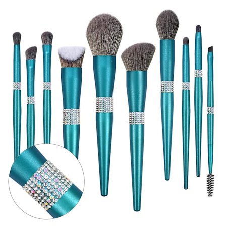 Glitter Makeup Brush Sæt - 10 stk Kosmetikbørster Bling Krystal Turkis Makeup Brush Sæt