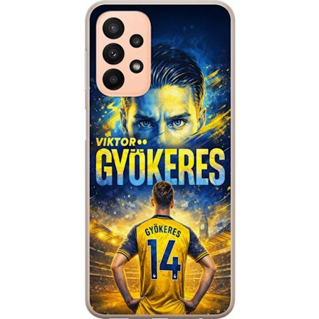 Kompatibelt Mobildeksel til Samsung Samsung Galaxy A23 Viktor Gyökeres fotballplakat i gult og blått med dramatisk stadionbakgrunn, sportillustrasjo