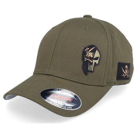Army Head - Grön flexfit Keps - Pirate Army Skull Olive Wooly Combed Flexfit @ Hatstore