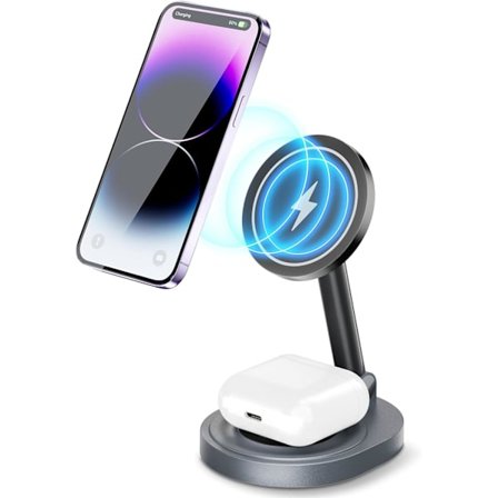 15W Magnetisk 2-i-1 Sammenklappelig Trådløs Opladerstander med QC3.0 Adapter Hurtigoplader til Telefon og Høretelefoner